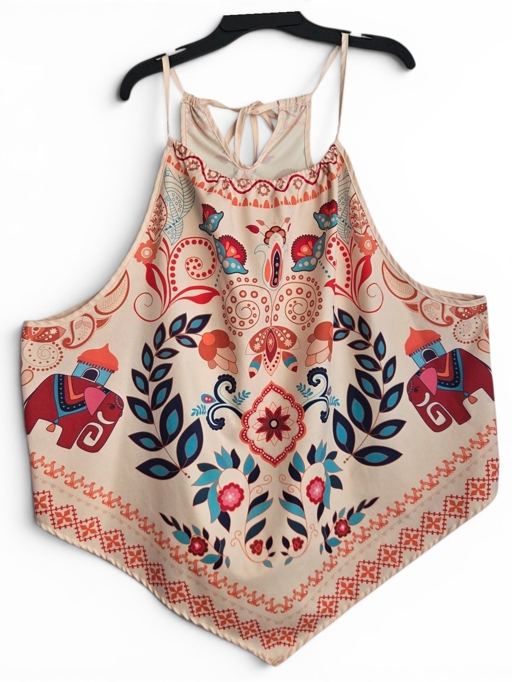 Boho Elephant Print Bandanna Handkerchief Hem Cami Tank Top - Beige